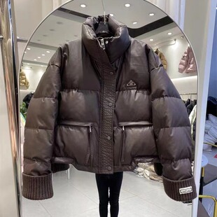 European-Style Pu High-End Stand-Up Collar Short down Jacket for Women, 2025 Winter New Model, Petite Coat, Wholesale from Pinghu Factory
