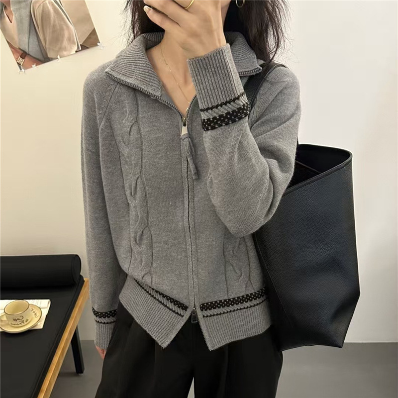 KANING立领慵懒风半拉链针织衫2025秋冬新款女装灰色麻花毛衣外套|undefined