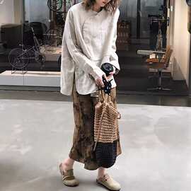 春季文艺亚麻不对称开叉衬衣新中式国风衬衫女装上衣长袖小衫