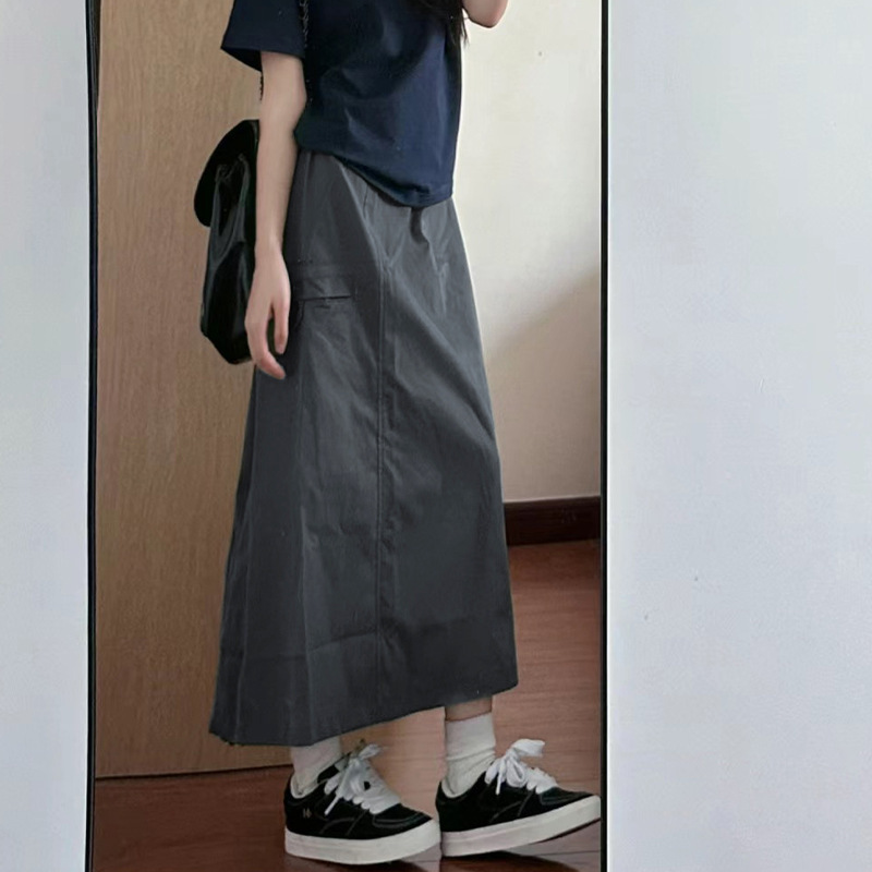 深灰色美式复古工装裙女夏薄2025新款中长款A字裙高腰显瘦半身裙|undefined