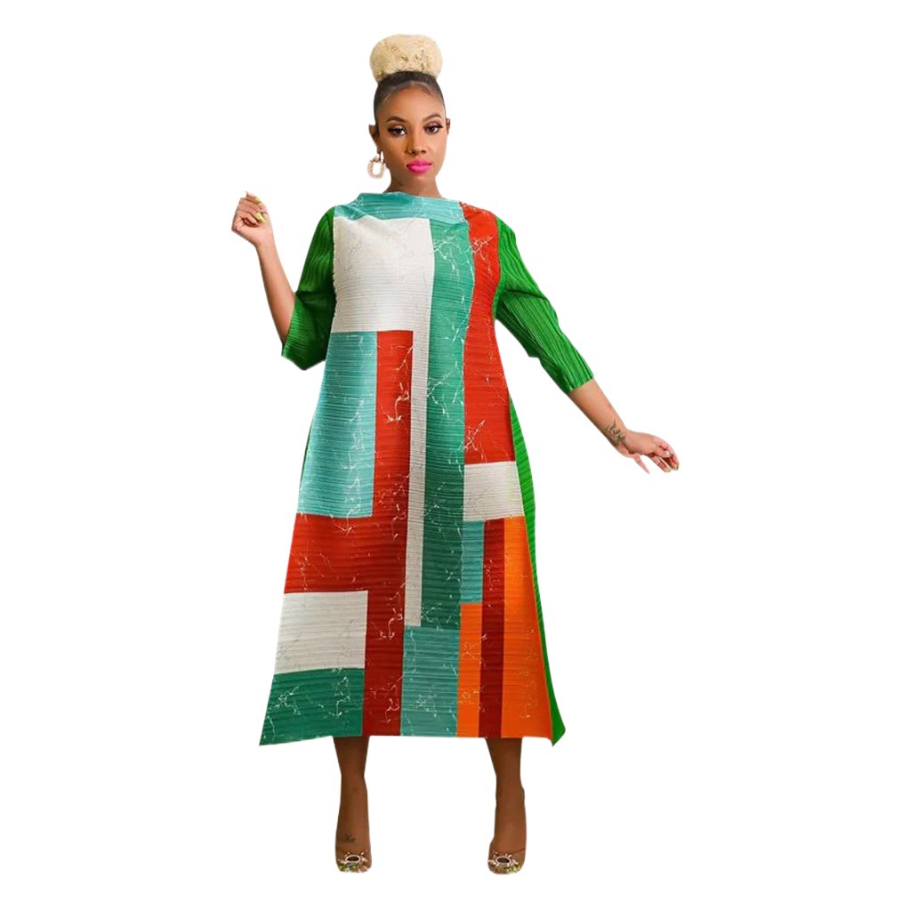 K10500 ropa de mujer de moda transfronteriza europea y americana miyake popular cuello redondo impreso vestido plisado nuevo image 1