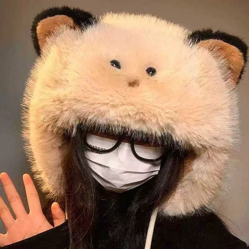 ぬいぐるみクマの帽子女性のための秋と冬 2025 新しいかわいい顔が見える小さな防風暖かい耳保護多用途プルオーバー帽子