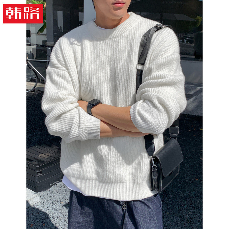 Heavyweight Thick Coarse Texture Crew Neck Sweater for Men, Autumn and Winter Basic Solid Color Knit Retro Trendy Brand Jacket