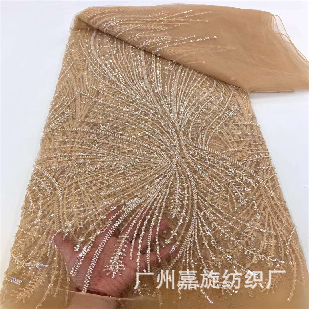 Nuevo diseño de cristal sequinilla tubo de perlas tela de malla vestido de vestido de moda francesa alta cena vestido de bodas encaje