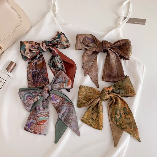 New Chinese Style Retro Dunhuang Series Silk Scarf Versatile Long Striped Hair Tying Band with Floating Ribbons, Elegant Match with Shirts and Small Collar Scarf
