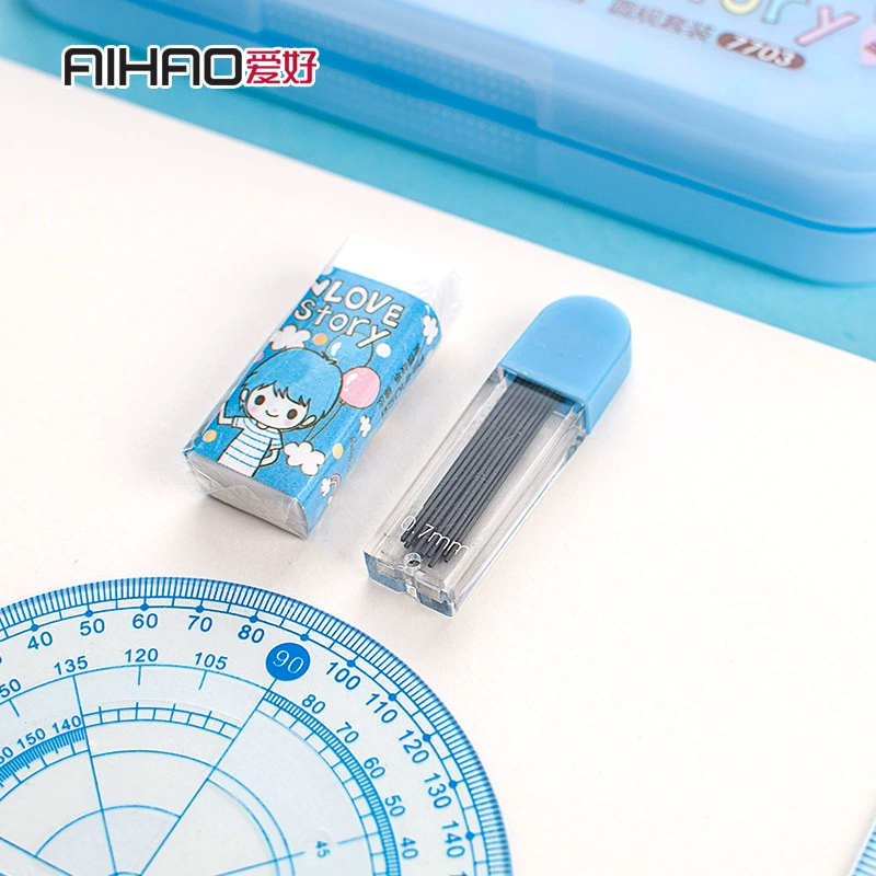 Stationery, set for pencils, eraser, triangular teaching ruler