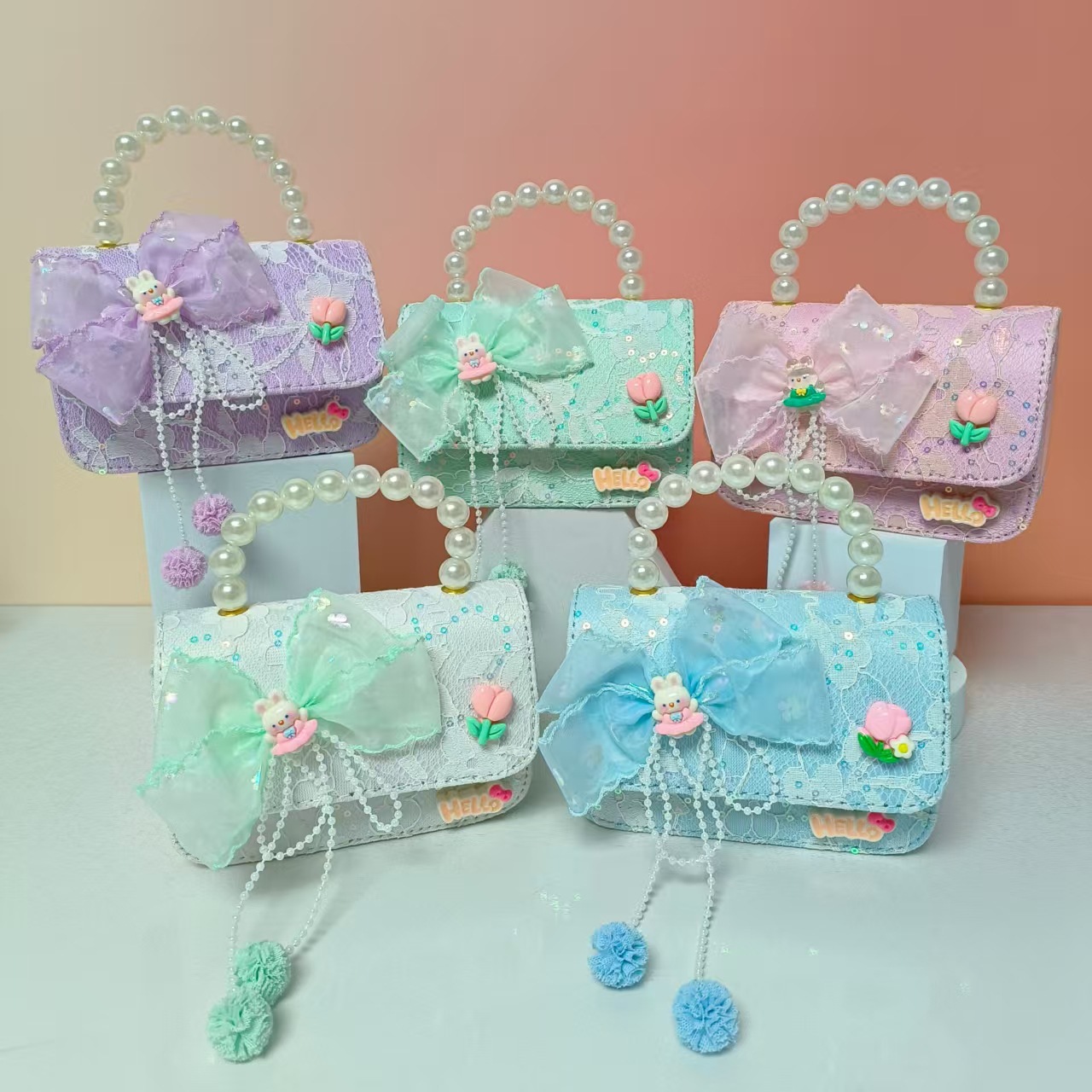 Bolso portátil de perlas de princesa conejo arco de hombro bolso de cadena bolso pequeño bolso de cambio de Año Nuevo