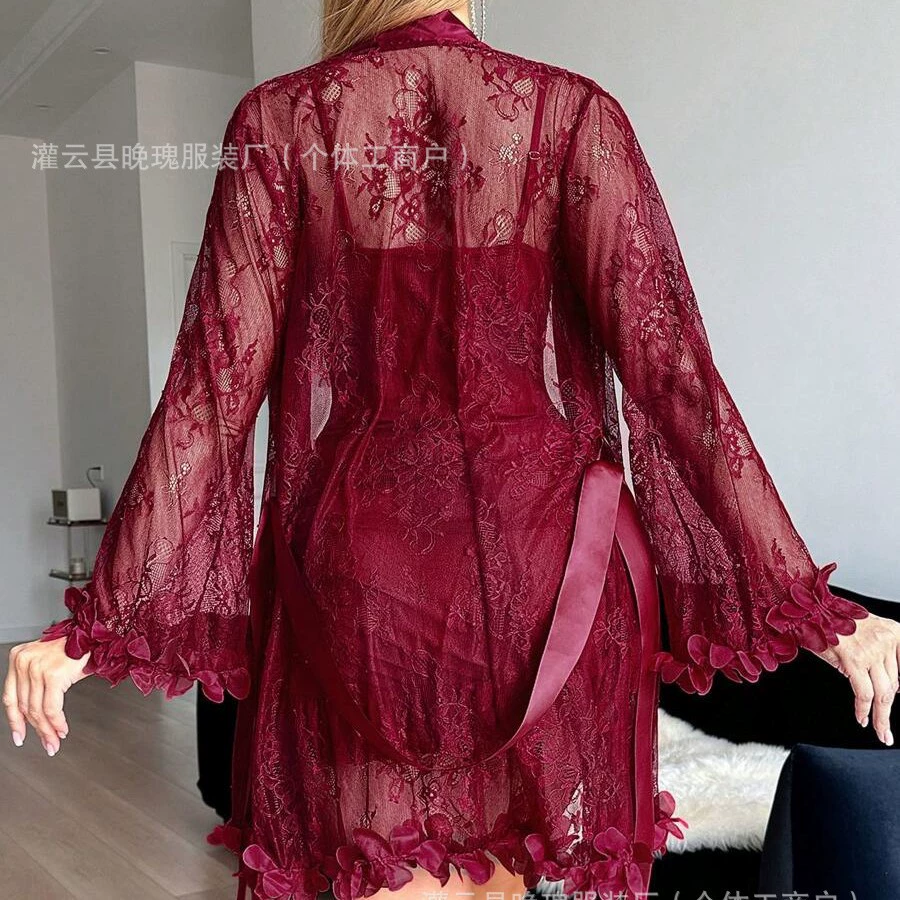 Кружевной комплект для сна — халат и комбинация, женский, цвета S–XXXL