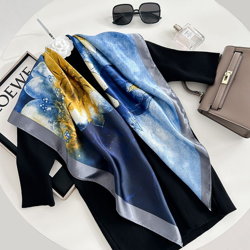 90cm Satin Retro Large Square Scarf Women's Spring and Autumn Joker Small Silk Scarf Multi-function Sunscreen Large Shawl Beach Scarf