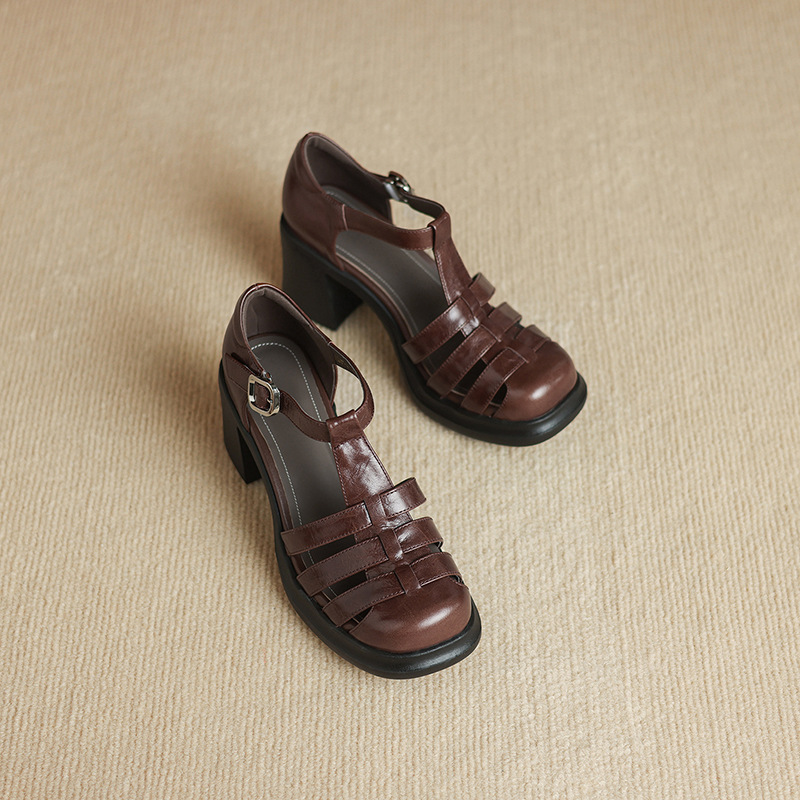 Sandal nữ phong cách La Mã gót dày 7 cm, mũi kín quai T, đế xuồng — màu nâu chi tiết 20