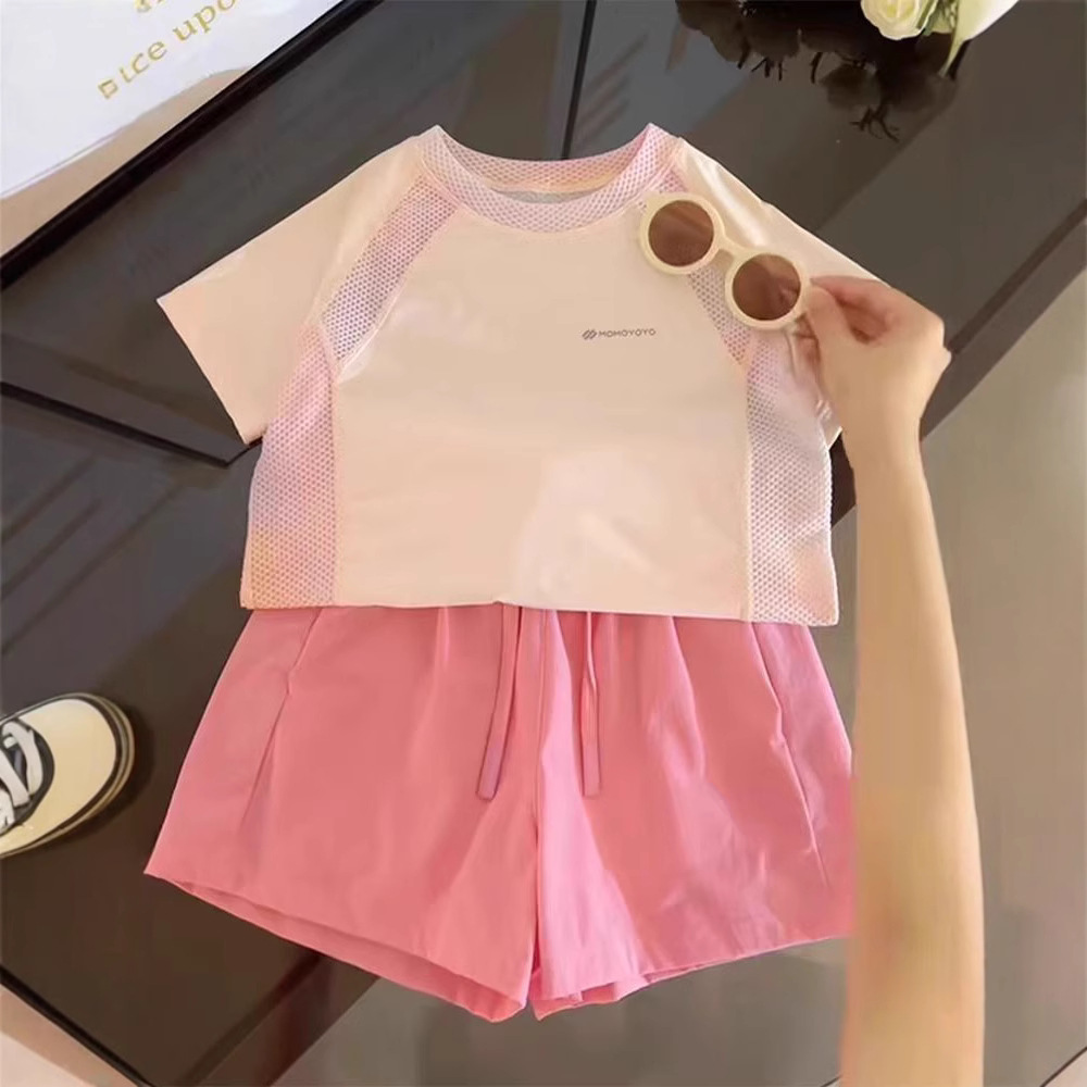 Traje deportivo de verano para niñas 2025 nuevos pantalones cortos de secado rápido transpirables de seda de hielo coreano para niños Traje casual de dos piezas