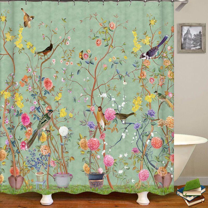 Cross-Border Dropshipping Chinese Style Floral and Bird Tree Shower Curtain Bathroom Decoration Hook 3D Printed Shower Curtain