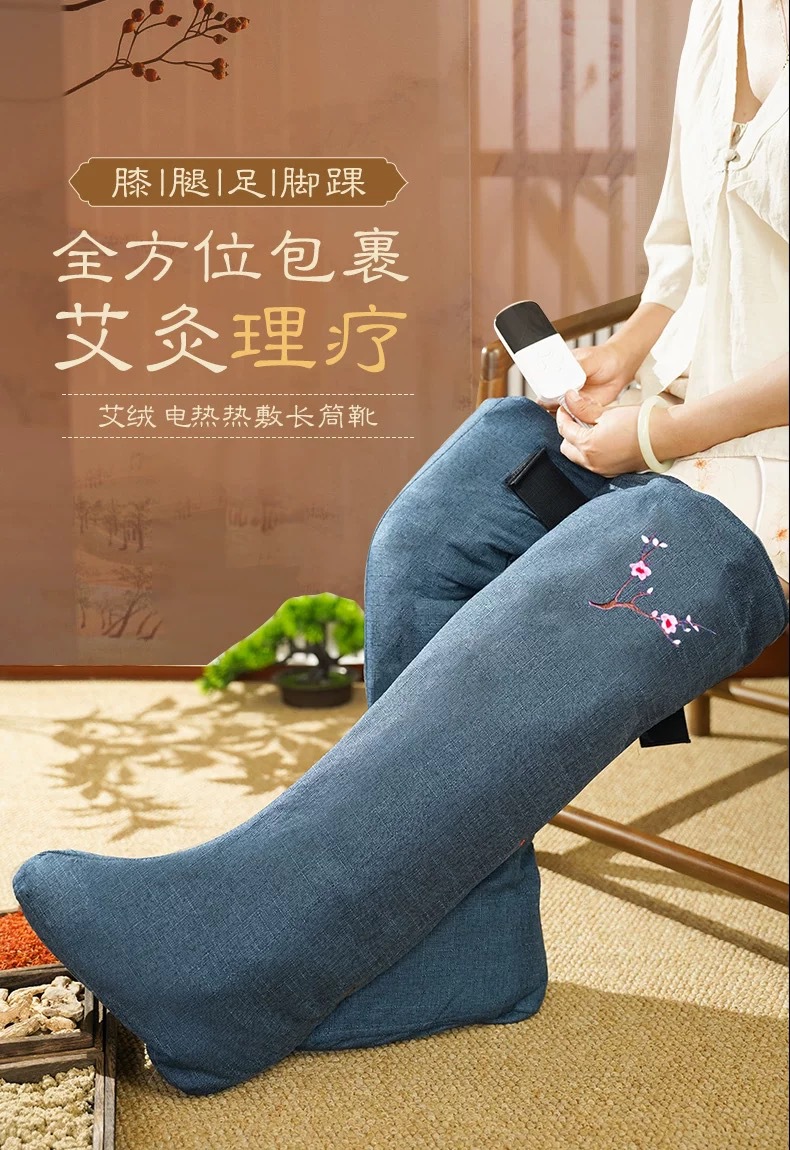 Electric Heating Moxibustion Boot Warmers Blue Embroidered Pair for Knees Legs and Feet Heat Therapy overview
