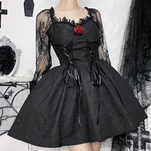 JY22467暗黑设计感公主裙收腰显瘦立体花朵蕾丝长袖a摆气质连衣裙