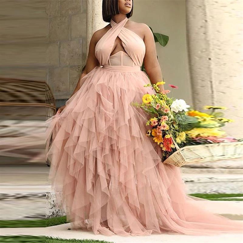 Elegant V-Neck Mesh Ball Gown Corset Lace-Up Bustier Flared Tulle Skirt for Prom Party Wedding Pink Black S-XXL_ecoleips.com