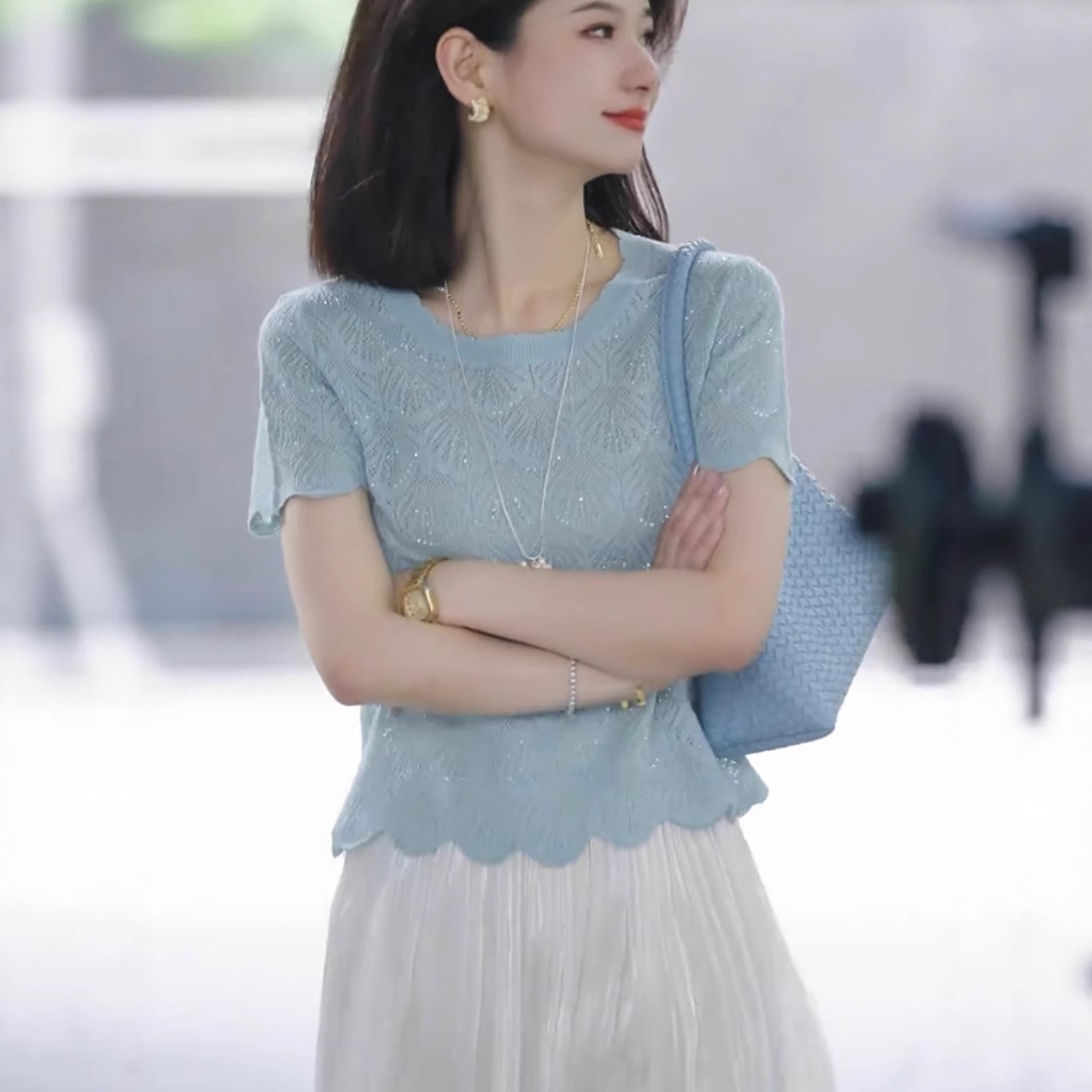 2025 Summer New Short Sleeve Shoulder Hoodie Knitted Shirt Lace Hollow Loose Casual Top French Fashionable Women