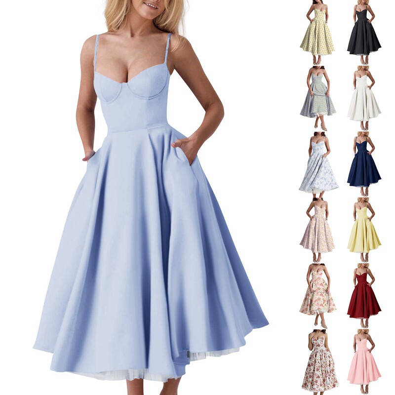 Women's Fashion Solid Color Printed Princess Dress Mesh Large Swing Double Layer Suspender Dress (Adjustable Shoulder Strap)