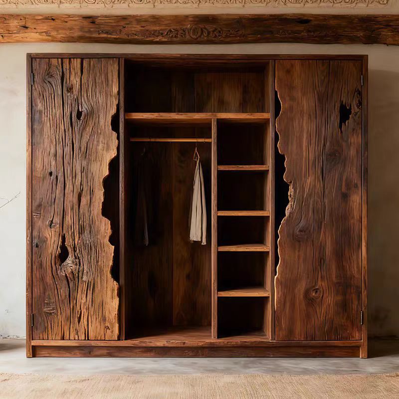 Wabi-Sabi Style Wardrobe Retro Solid Wood Wardrobe Large Capacity Double Door Old Elm Bed and Breakfast Wardrobe Wardrobe Storage Cabinet
