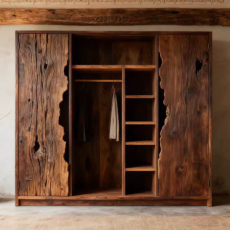 侘寂风衣柜复古实木衣柜大容量对开门老榆木民宿衣柜衣橱收纳柜