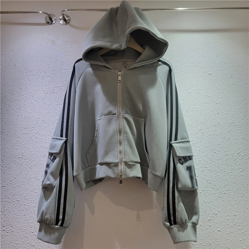 Vintage gris de manga larga chaqueta encapuchada abrigo de mujer relajado estilo delgado corto abrigo