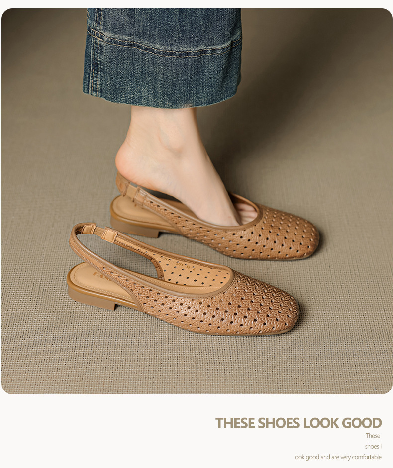 Sandal nữ đế bệt mũi bọc da bò, quai sau hở, phong cách vintage đan lỗ — đen chi tiết 11