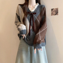 学院风菱格领毛衣女秋冬大码胖妹妹显瘦小众独特别致上衣针织衫