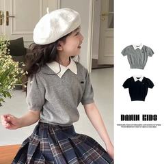 Girls' Preppy-Style Polo-Neck Short-Sleeve Set 2024 Spring Collection: New Plaid Pleated Skirt + Bottoming Shirt Two-Piece Suit