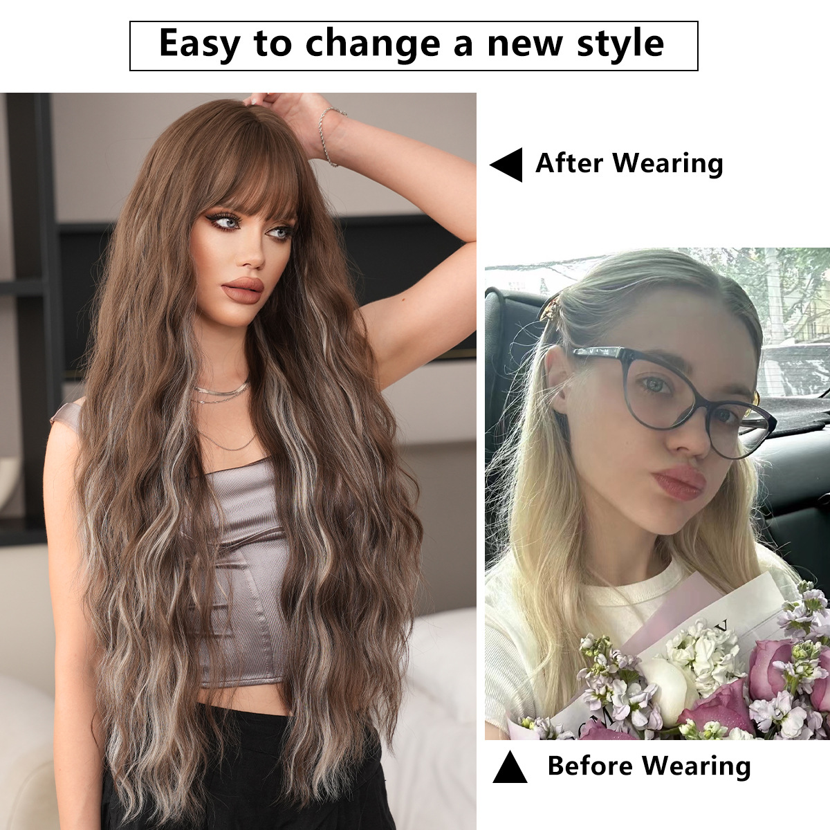 36 pulgadas de alta calidad pelucca ultra larga ondulación cabello rizado cabello marrón picante teñido gris resistente al calor fibra sintética pelucca