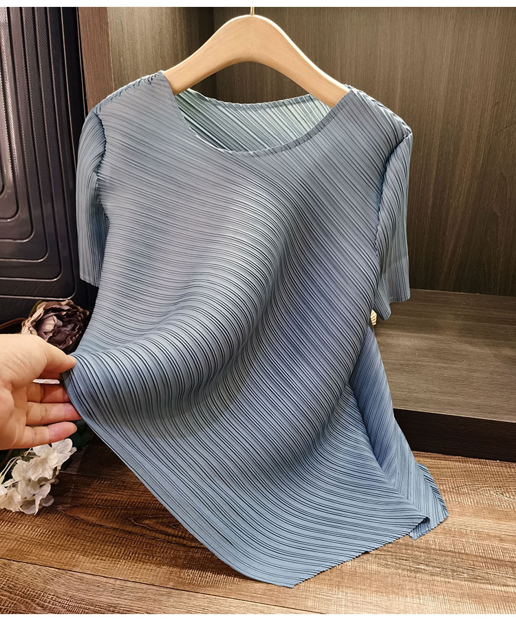 Áo thun ngắn tay dáng rộng cổ tròn xếp ly nữ mùa hè — Tím hoa cà, Màu đen, Màu cam, Xanh lam Sương Khói chi tiết 17