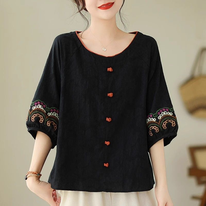 National Style Buttoned Linen Blouse for Women, Summer Vintage Embroidered Jacquard Pullover Cotton Mom-Style Short-Sleeve Shirt