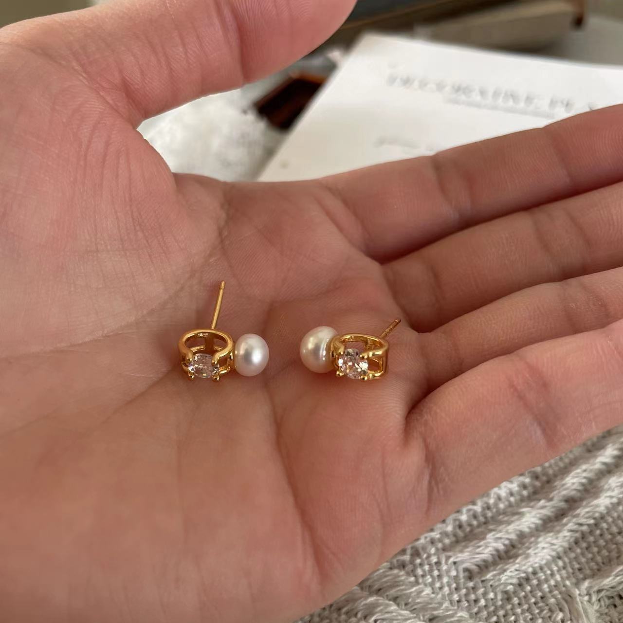 牛頭珍珠鋯石小巧耳耳釘女S925銀睡覺不用摘氣質百搭耳扣小眾高級