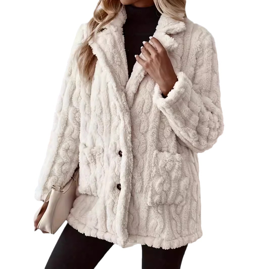 Women's Clothing 2024 double sided plush water ripple button cardigan pocket lapel casual top outer_voghion.com