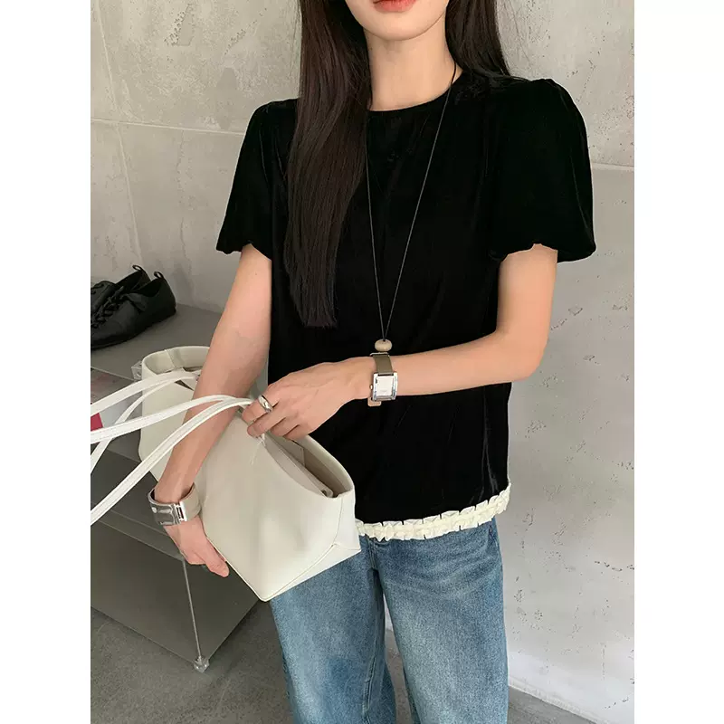 THINK十三行法式丝绒拼接花边T恤女25秋季新款圆领泡泡袖小众上衣