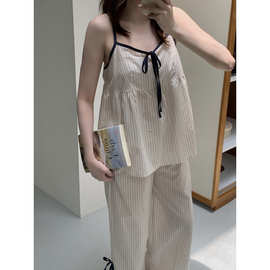 跨境专供外贸夏季新品韩系小清新条纹吊带家居服睡衣套装可外穿女