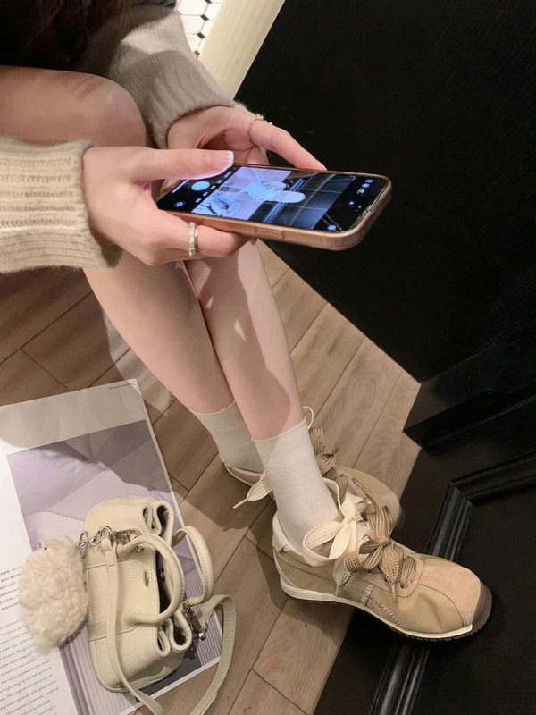 羊皮版~芭蕾风百搭真皮厚底德训鞋女百搭休闲运动板鞋绑带阿甘鞋|undefined
