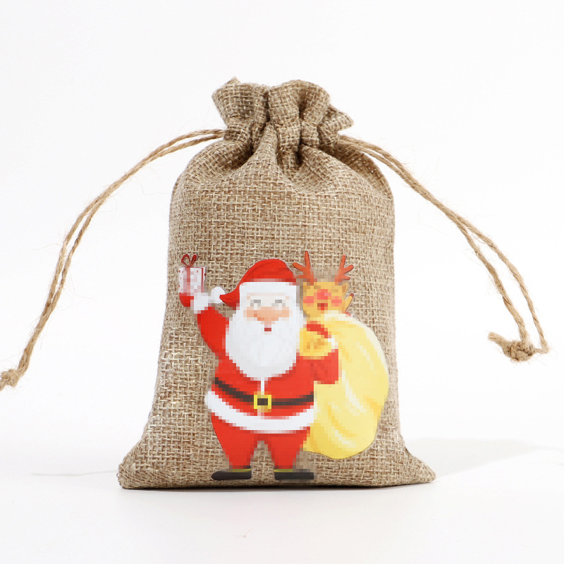 Amazon Venta caliente de Navidad bolsa de regalo de lino decoración de regalo de Navidad pequeña bolsa de tela de Halloween bolsa de embalaje de dulces