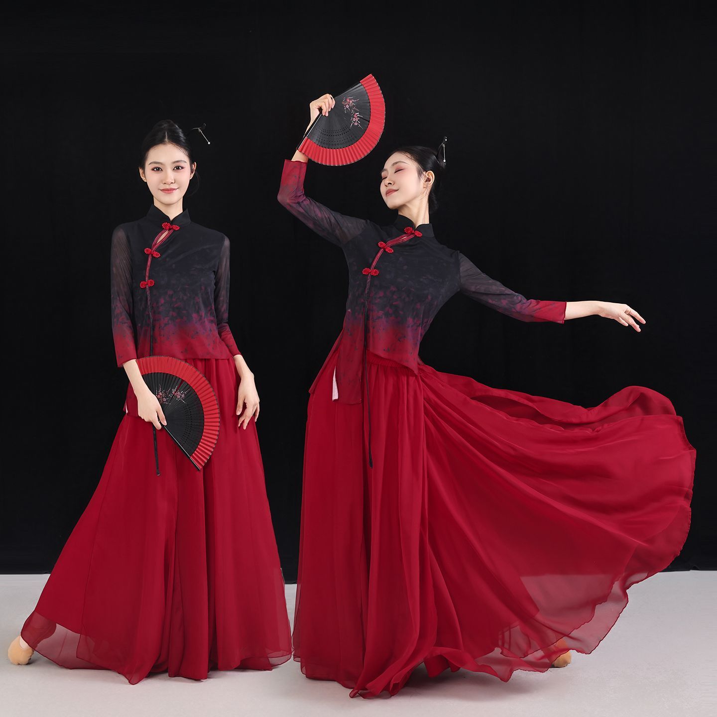 新款古典舞古典舞蹈中国飘逸大摆裙旗袍长袖扇子舞练功演出服表演