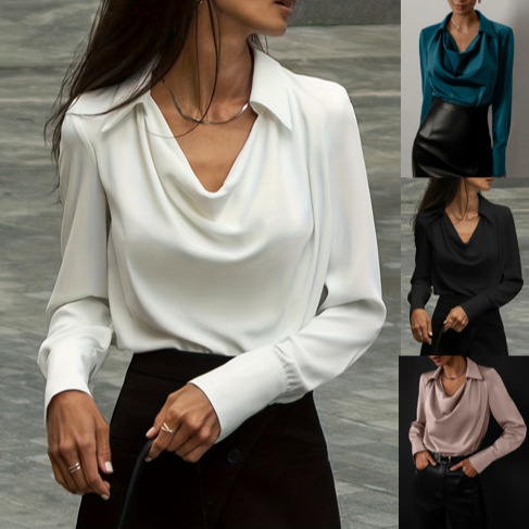 2024 Independent Station Amazon Cross-Border Hot Selling Solid Color Simple Swing Collar Women's Top Shirt