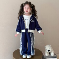 韩国童装女童2025新款儿童蕾丝拉条连帽套装女孩秋装运动服两件套
