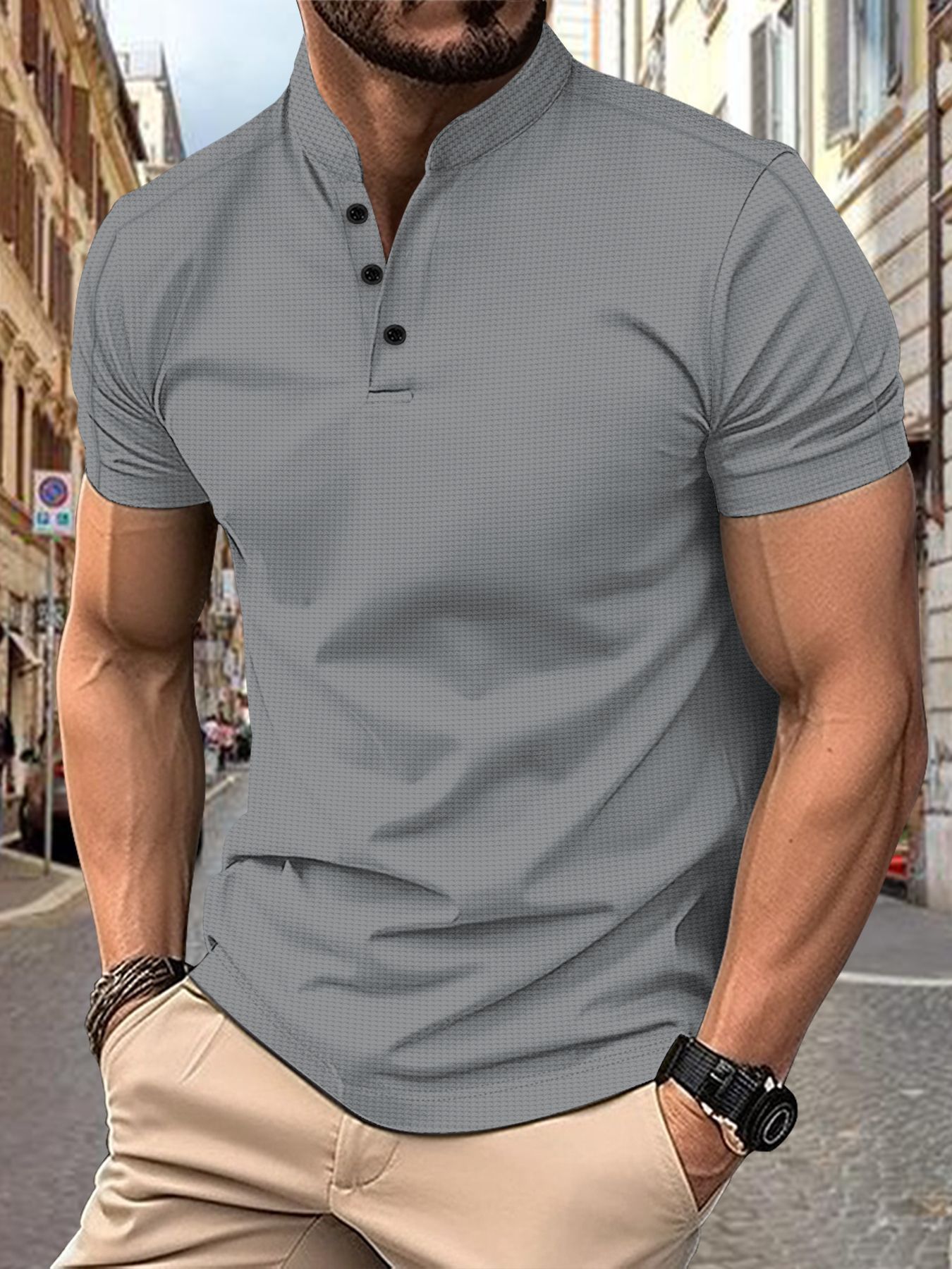 Comercio exterior Aliexpress Amazon hombre cuello de manga corta Waffle Henry cuello casual polo de manga corta