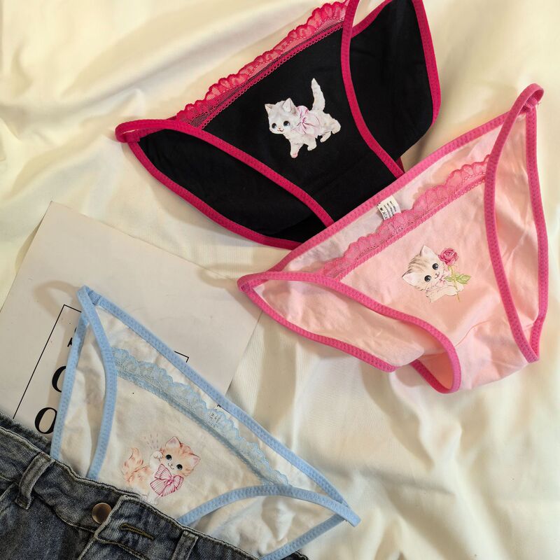 Vintage Japanese Sweet Cool Kitten Underwear Women's Y2K Lace Kitten Girl Underwear Cotton File