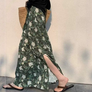 海边印花裙子度假风法式碎花高腰长裙女度假开叉半身裙女2026夏季