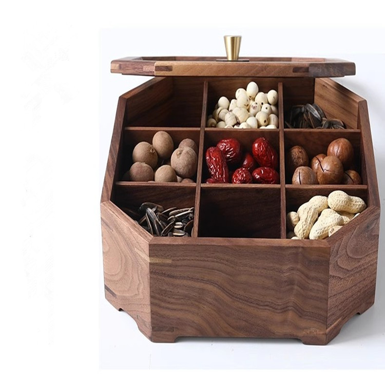 Madera de nogal negro caja de tuerca octogonal rejilla de madera maciza con cubierta de vidrio dulce caja de frutas secas Placa de semillas de melón de fruta China