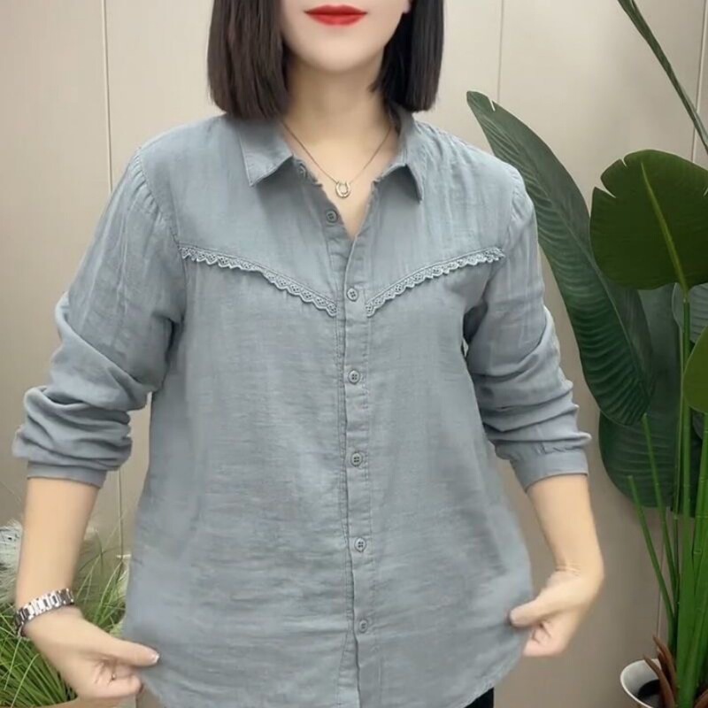 春季新款纯色棉纱长袖衬衫女文艺宽松显瘦百搭休闲纯棉上衣|undefined