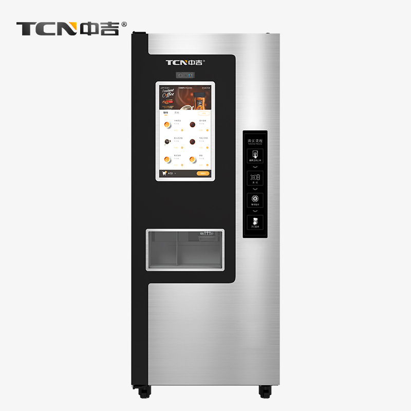 Máquina expendedora de café inteligente con pantalla táctil y pago por código QR Zhongji, fabricante de máquinas expendedoras de café recién molido automáticas.