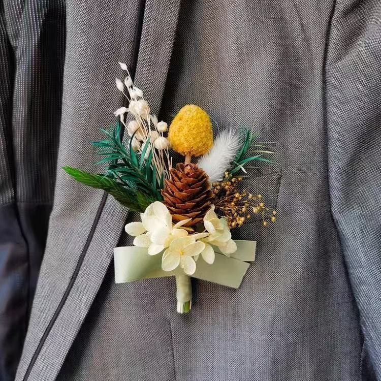 森系复古胸花黄球花松果组合婚礼新郎伴郎配饰小众婚庆花艺小饰品|undefined