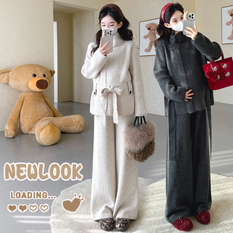 Real Shot of Stylish Autumn and Winter New Maternity Wear: Stand-Up Collar, Belt Design, Wide-Leg Pants, Knitted Sweater, Loose-Fitting Set