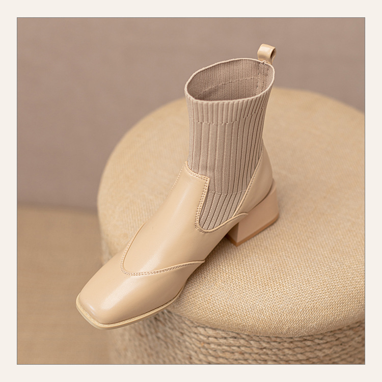 Women's Ankle Boots French Retro Square Toe Thick Heel Mid Calf_voghion.com