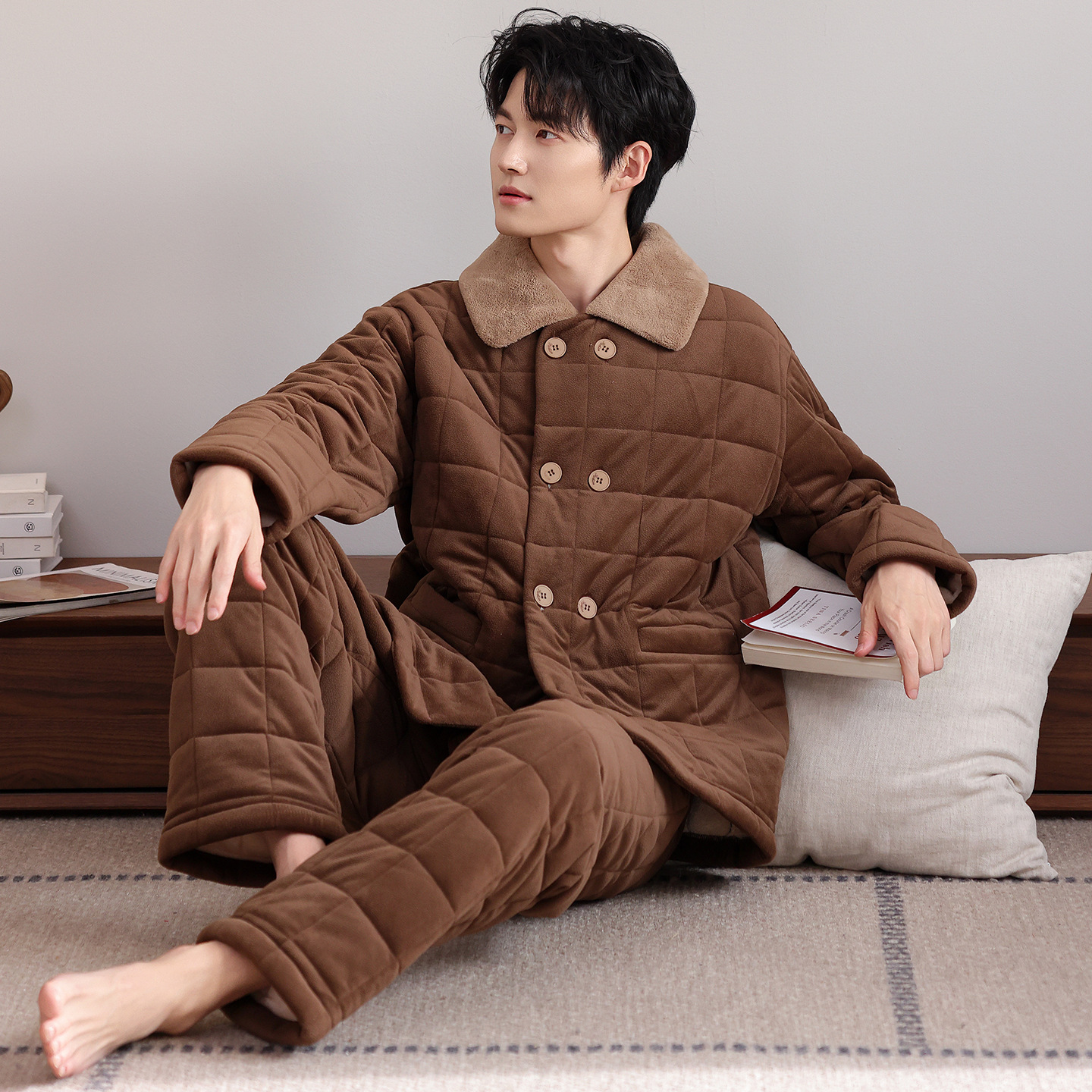 Men's Pajamas Winter 2025 New Three-Layer Thickeneded Fleece-Lined Quilted Autumn and Winter Middle-Aged Dad Large Size Winter Home Clothes