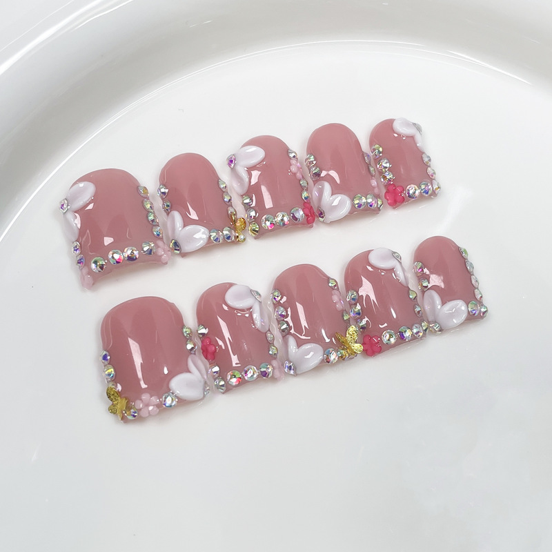 Sweet and Fresh Simple Nail Art with 3D Carved Nude Pastel Rhinestones, Reusable Wearable Nails, Purely Handmade
